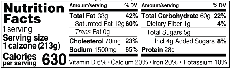 Nutrition Facts for Pepperoni Pizza Calzone